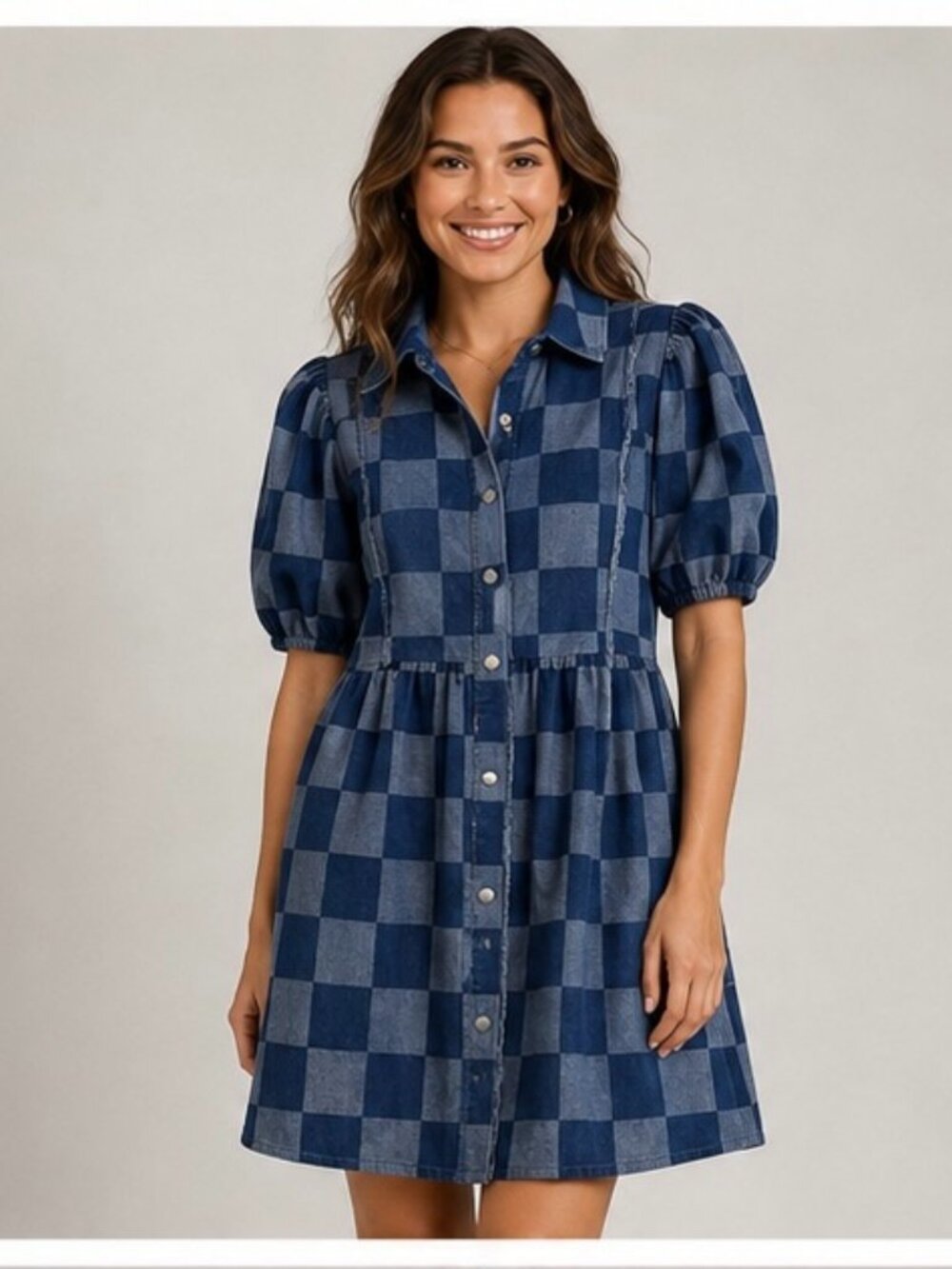 BiBi Womens Small Blue Plaid Check Denim Shirt Dress Puff Sleeve Button Front 10